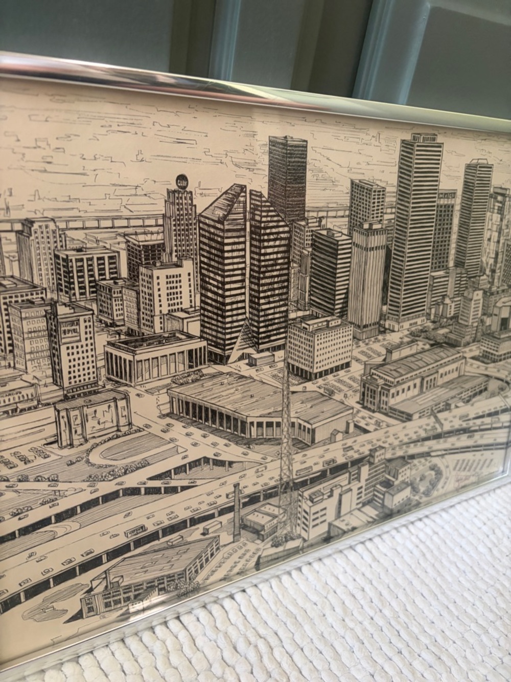 Framed Ink drawing of Houston 1976 Spirit of July 4 Cityscape Wall Art framed